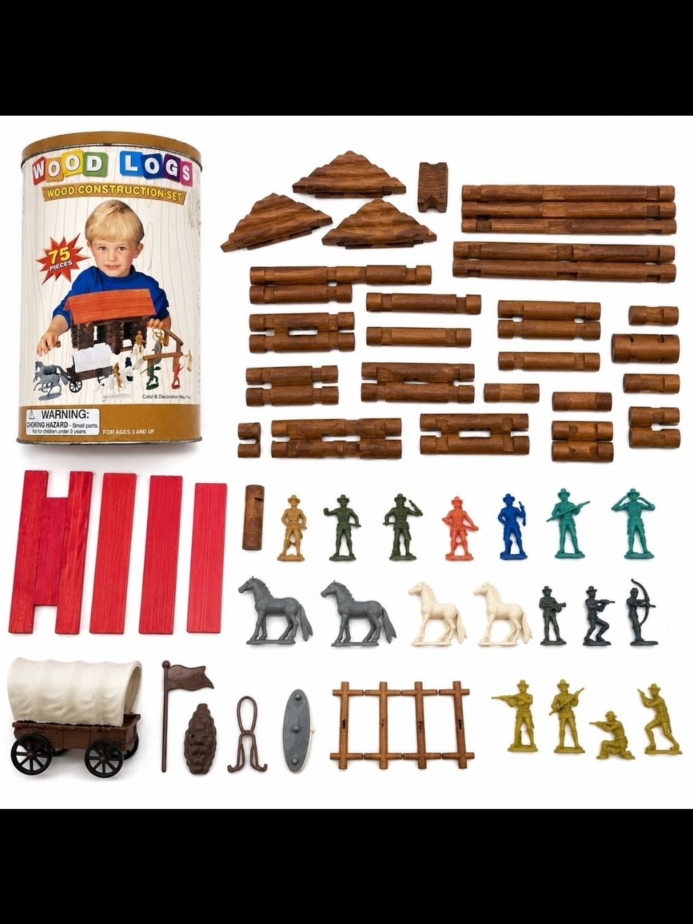 Wood Logs Real Wood Construction Building Set Large Lot Cowboys Horses Wagon